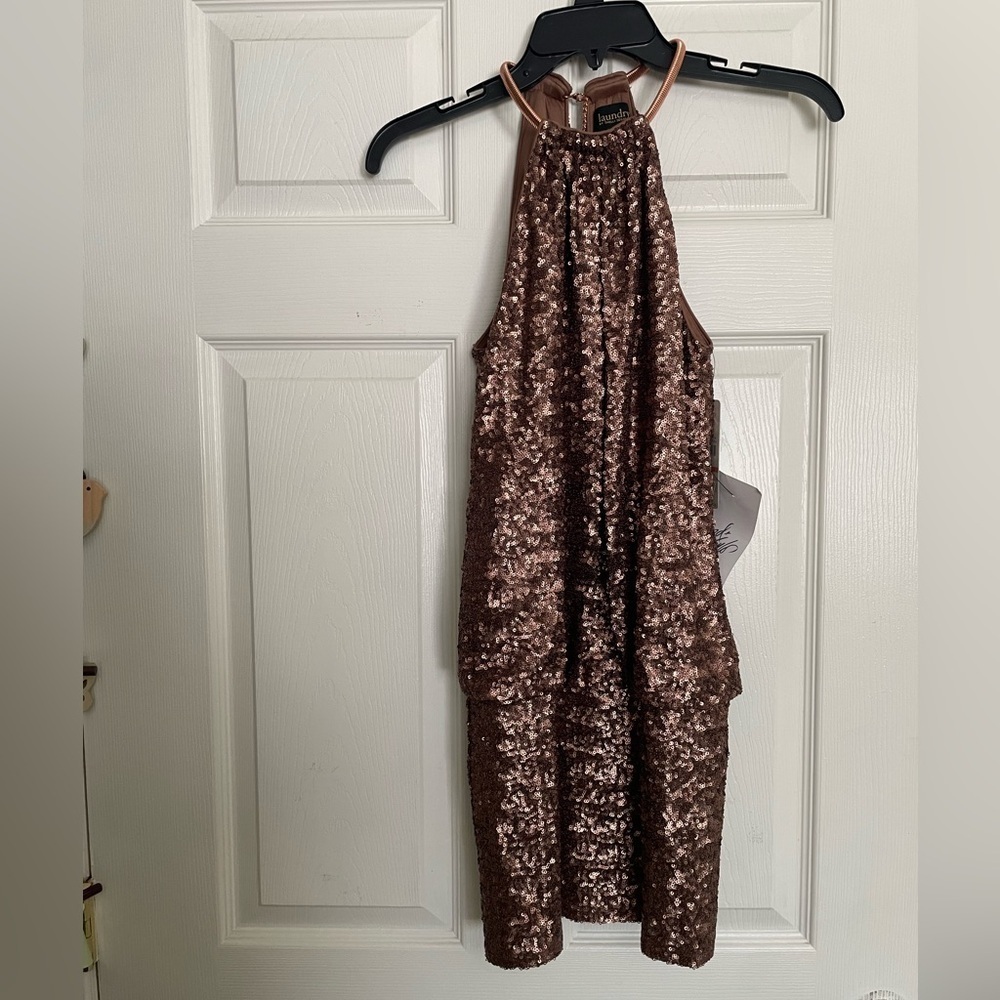 NWT Laundry By Shelli Segal Women’s Bronze Brown Sequin Halter Dress Size 2